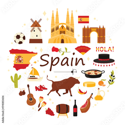 Spanish culture elements and architecture, famous food of Spain in round infographic banner. Flamenco dancer shoes and fan, bull and bullfighter hat, soccer ball and paella cartoon vector illustration