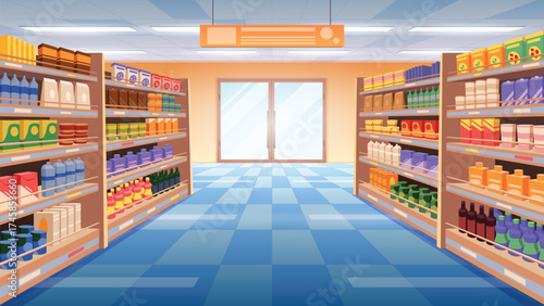 Cartoon vector illustration modern supermarket interior perspective view, fully stocked shelves, neatly organized aisles with wide range of consumer products. Retail shopping and everyday goods.