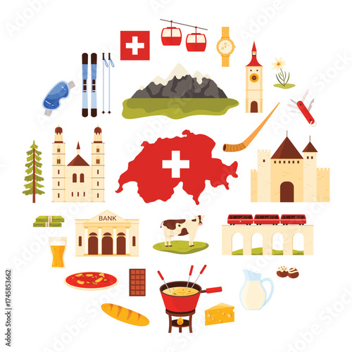 Castle towers and train on bridge, chocolate and Swiss penknife, culture emblems and architecture, Alps mountains in circle cartoon vector illustration. Travel to Switzerland in round banner design