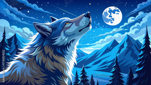 Very beautiful   close up Majestic Wolf Howling at the Moon Under Starry Night in Winter Landscape