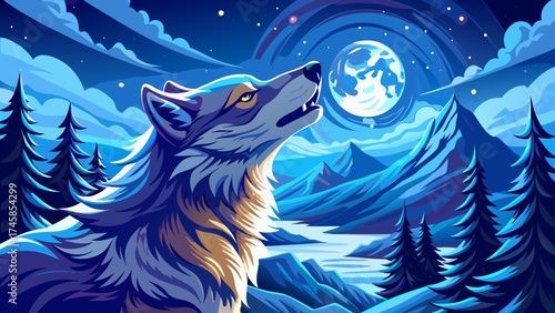 Very beautiful   close up Majestic Wolf Howling at the Moon Under Starry Night in Winter Landscape