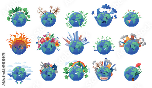 Happy and sad Earth planet characters set. Cute globes emoji with world map and different expressions, Save me sign and fire, green plants and flowers. Ecology mascots cartoon vector illustration