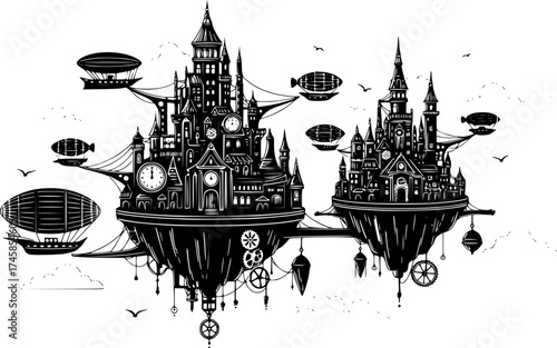 Floating sky city sketch. Uncharted steampunk world with airships, vector isolated on white.

