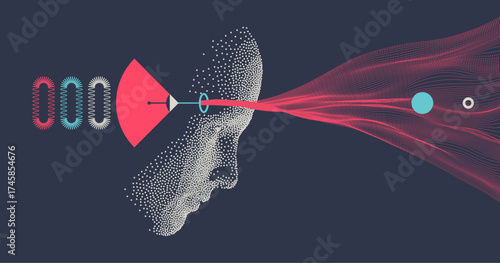 Discovery, studying and learning concept. Time to think. Man scientist thinking. Stream of consciousness. Idea generation. Illustration for brochure, poster, cover, card, presentation, flyer or banner