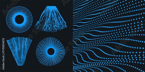 Point explode. Dynamic emitted particles. Abstract dotted background. Grid. Vector illustration for brochure, poster, presentation, flyer or banner.