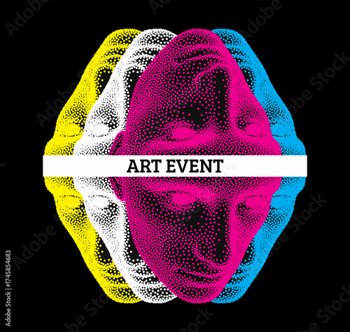 Art event invitation template. Several faces superimposed on each other and mirrored horizontally. Poster for the performance. 3D illustration for brochure, cover, card, presentation, flyer or banner.