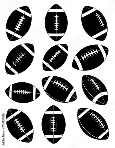 Black and white American footballs, various angles