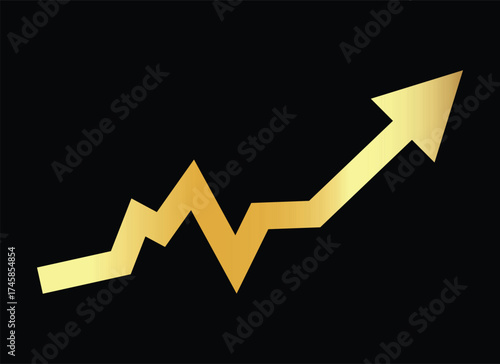 Golden shiny arrow is going up isolated on a black background. Gold arrow, Vector.Business concept, growing chart. Concept of sales symbol icon with arrow moving up. Economic Arrow With Growing Trend.