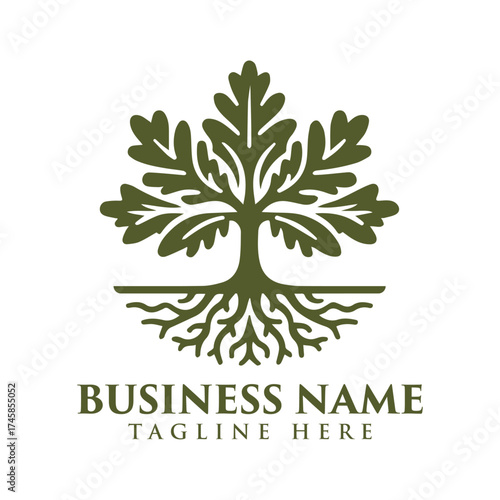Stylized Oak Tree Logo with prominent roots and a full canopy, conveying strength and growth Strong Rooted Tree Nature Growth Vectors Illustrations Logo