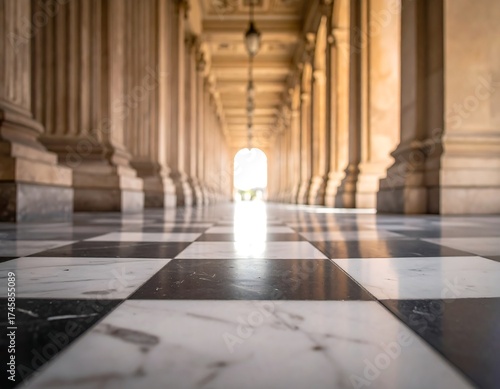 Interior perspective with checkered floor and columns