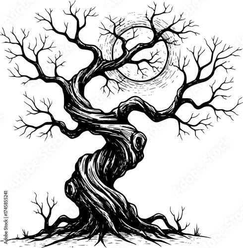 Spooky twisted tree sketch. Gothic bare branches with full moon, 