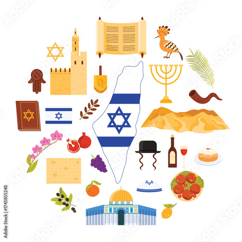 Torah and hamsa, dreidel and falafel, shofar cartoon vector illustration. Jewish culture elements and famous landmarks, flag and map of Israel, Judaism symbols in round infographic banner with title