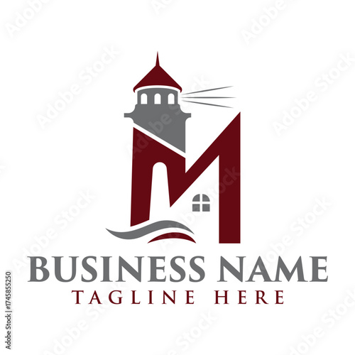 Lighthouse Sea Travel Coastal Letter M Real estate Vectors Illustrations Logo
