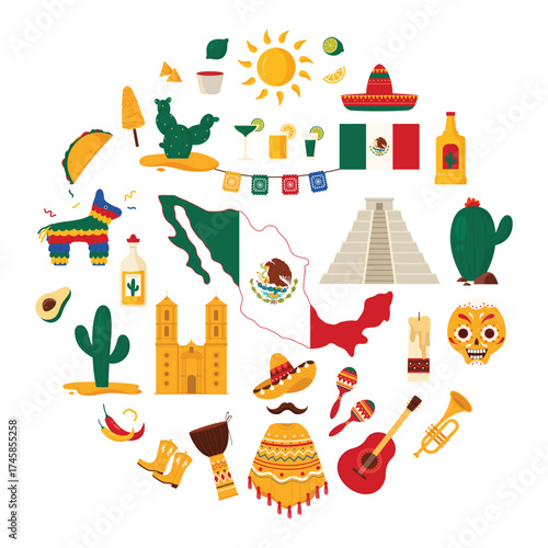 Mexican man mustache and sombrero, poncho and carnival party maracas, history and culture landmarks, cactuses in circle cartoon vector illustration. Travel to Mexico round infographic banner design