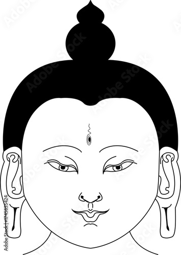 Vector illustration of Buddha head drawn in traditional Tibetan thangka style. Simple black and white line art representing calm expression and spiritual symbolism. 