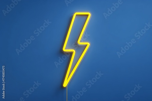Vibrant yellow neon lightning bolt energizes bold blue background for dynamic concept