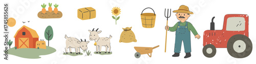 Set of farm objects including farmer with hat, tractor, barn, animals, vegetables and tools in flat cartoon style. Great for clipart and kids projects.