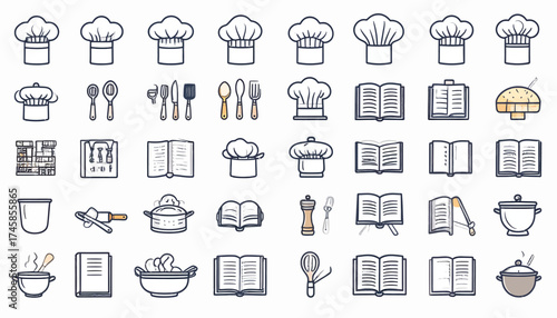 Culinary Icons Collection Chef Hat Utensils and Recipe Books in Minimalist Line Art Style