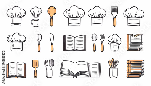 kitchen utensils set Culinary Icons Collection Chef Hat Utensils and Recipe Books in Minimalist Line Art Style