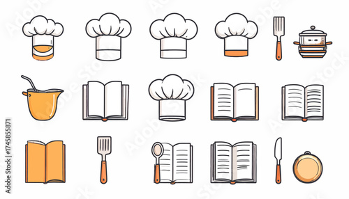 Icons  set Culinary Collection Chef Hat Utensils and Recipe Books in Minimalist Line Art Style