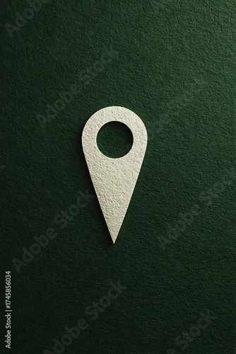 Minimalist location pin symbol on textured dark green background