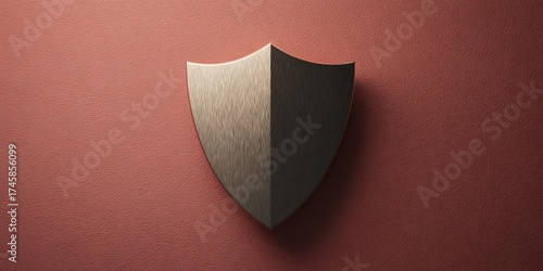 Metallic shield symbol of protection and security against red textured background
