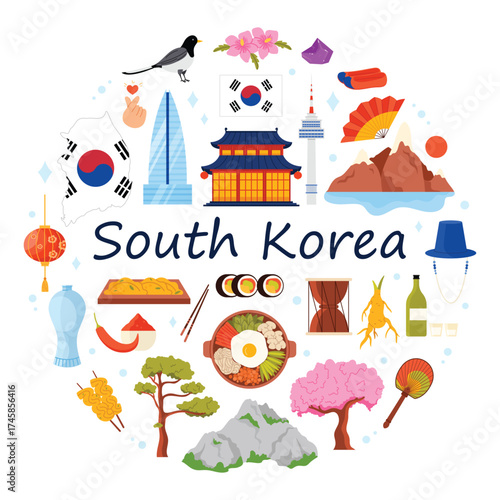 South Korea culture elements and food, nature and architecture, travel landmarks in round infographic poster with title. Building palace and tower of Seoul, Liancourt Rocks cartoon vector illustration