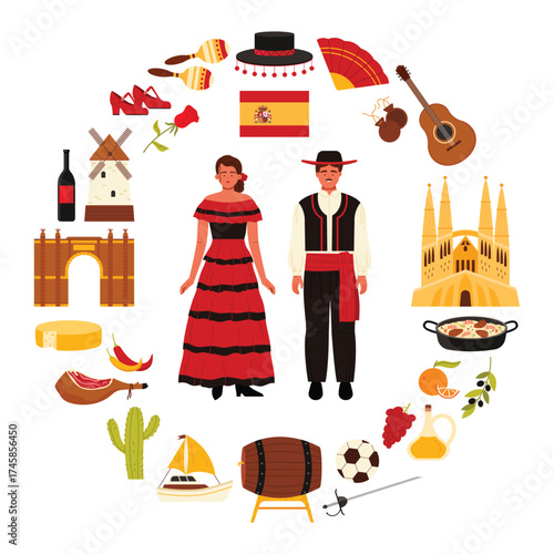 Travel to Spain, Spanish culture and landmarks, food in round infographic tourism poster. Flamenco dancer girl and man bullfighter, flag and emblems of corrida, jamon cartoon vector illustration