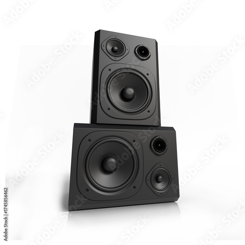 Black Modern Speakers, Audio Sound Equipment, Music Studio Gear, Professional Sound Design 3D Render Transparent Background