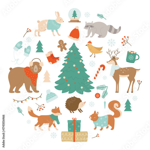 Circular layout of forest animals like bears, rabbits, and deer, accompanied by seasonal winter elements including trees, mittens, and gifts. Perfect vector illustration for holiday and winter themes.