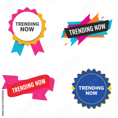vibrant flat trending now badge vector collection with bold uppercase text and modern minimal design