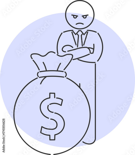 Minimalist icon of serious businessman with big bag of money