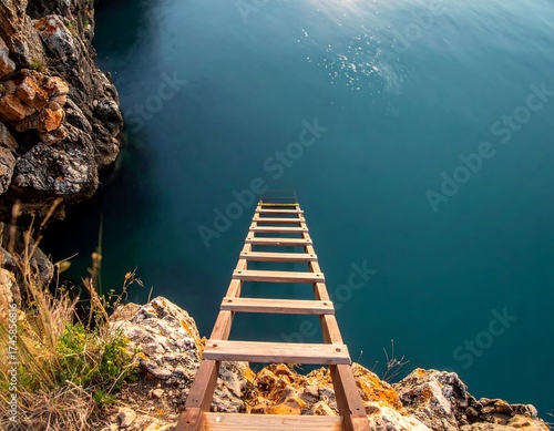 Wooden steps leading down to deep blue sea