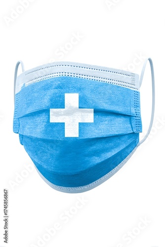 Professional blue medical mask with white cross symbol for health protection and safety