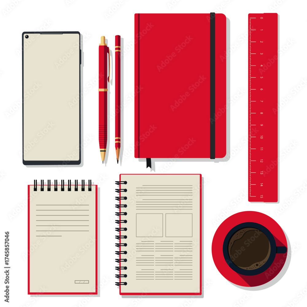 Conjunto vetorial de materiais de escritório coloridos — estilo flat minimalista