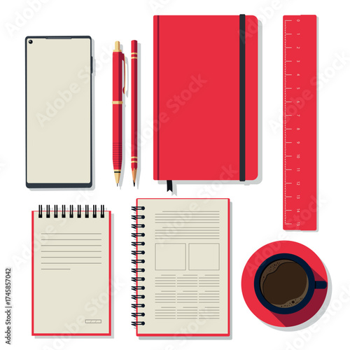 Conjunto vetorial de materiais de escritório coloridos — estilo flat minimalista