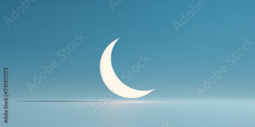 Glowing crescent moon floats serenely in clear blue sky, casting soft shadow
