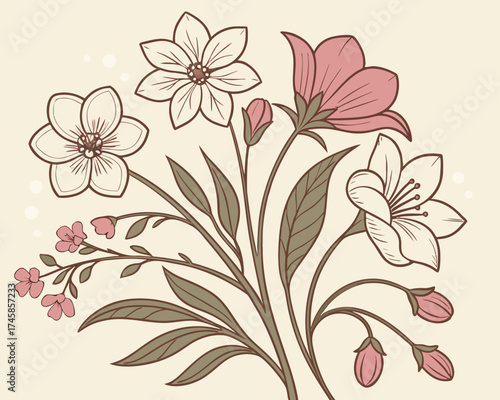 Vintage Botanical Flower Illustration on Beige | Classic Botanical Sketch on Beige Paper