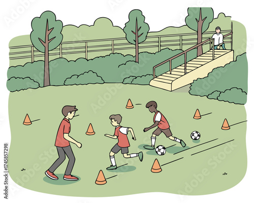 Youth Football Academy Training Illustration | Kids Learning Football in Academy Camp