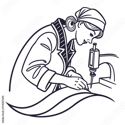 Seamstress using sewing machine while working on fabric design  