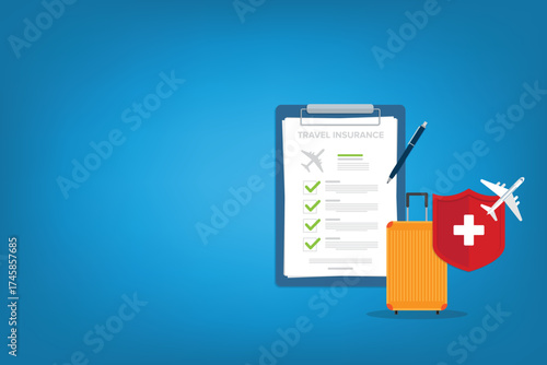 Travel insurance. Traveling luggage suitcase and airplane trip protect. Plane flight safety symbol. Aircraft journey risk protection.	