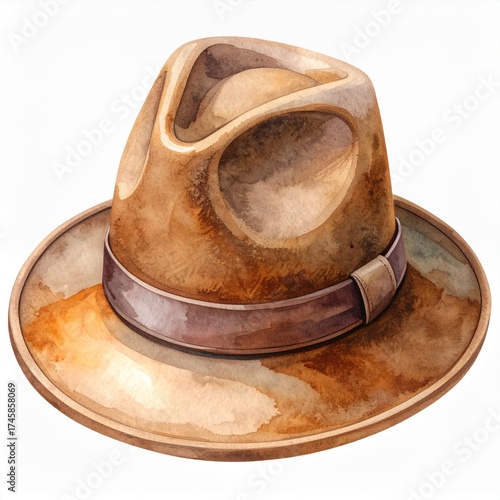 Watercolor Painting of a Brown Fedora Hat with Ribbon Isolated on White Background