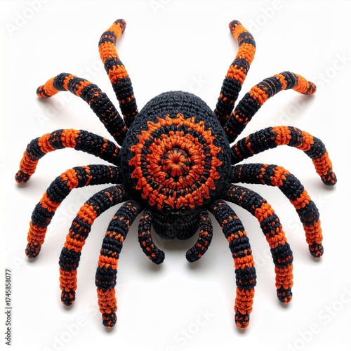 Knitted Orange and Black Halloween Spider Decoration on White Background