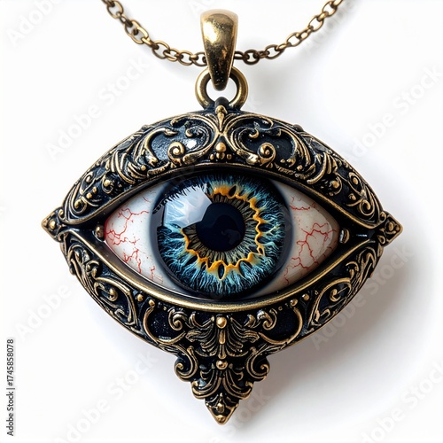 Detailed Eye Pendant with Gold Chain and Intricate Metalwork Design