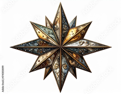Ornate Geometric Star with Antiqued Metal and Watercolor Texture on White Backdrop