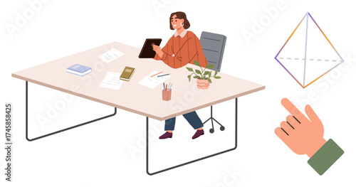 Woman seated at desk with tablet, surrounded by office items and analyzing tools, interacting with a geometric diagram. Ideal for productivity, creativity, modern work, learning, remote work