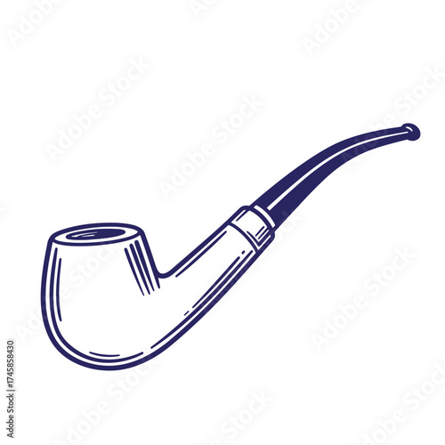 Classic hand drawn illustration of a navy blue vintage tobacco smoking pipe