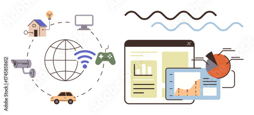 Globe with wireless, smart devices, and interconnected elements alongside analytics dashboard with charts. Ideal for IoT, connectivity, smart tech, analytics, innovation big data efficiency. Simple