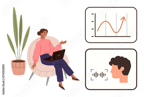 Woman using a laptop in a modern chair, growth chart with upward trend, and speech recognition illustration. Ideal for productivity, technology, innovation, business growth, analytics, communication