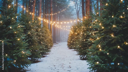 Enchanting winter forest path lined with glowing Christmas trees and festive string lights